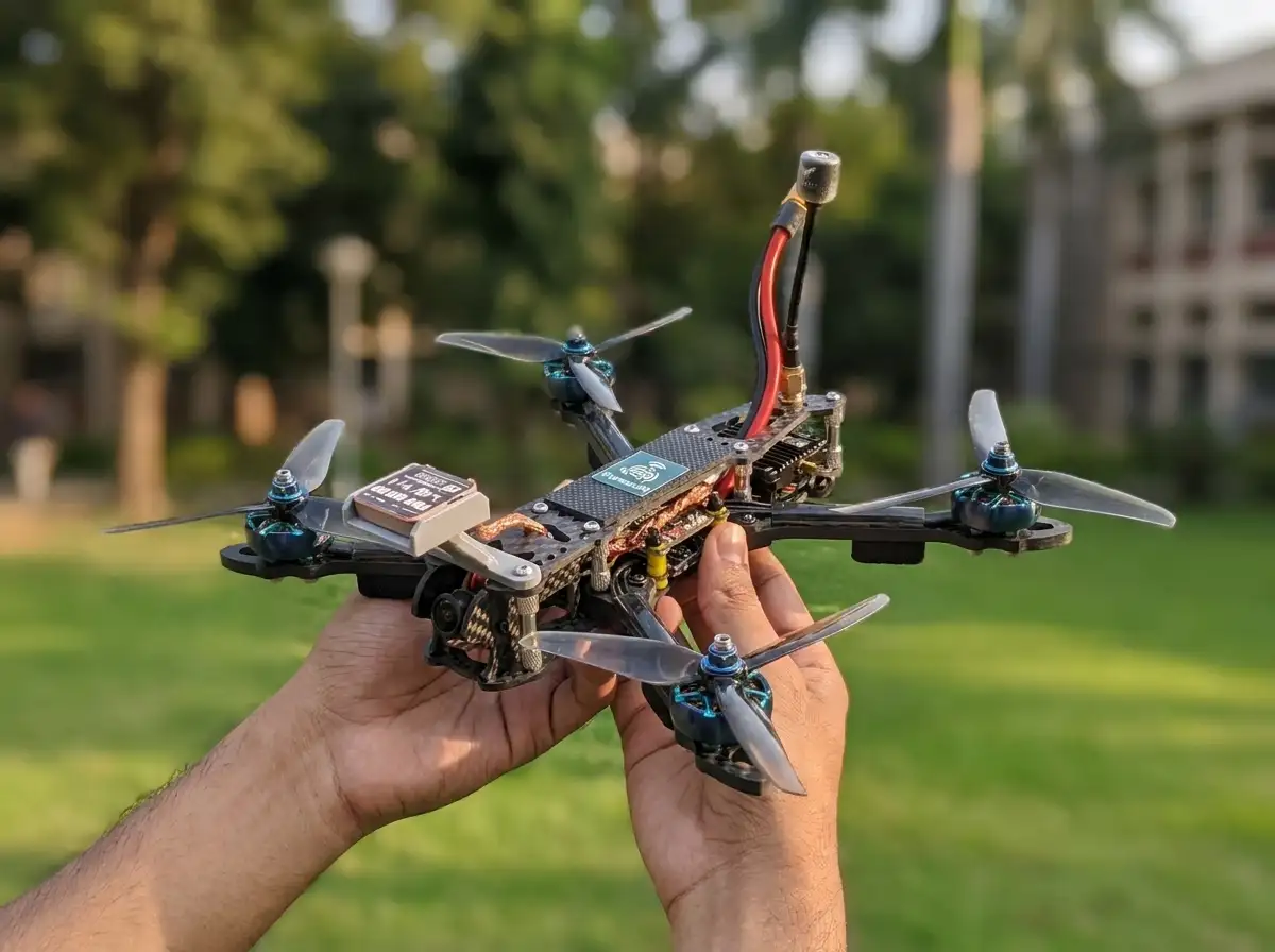 FPV quadcopter drone in flight